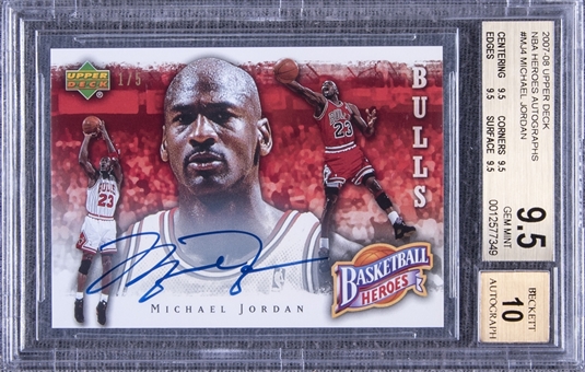 2007-08 UD "NBA Heroes Autographs" #MJ-4 Michael Jordan Signed Card (#1/5) – BGS GEM MINT 9.5/BGS 10
